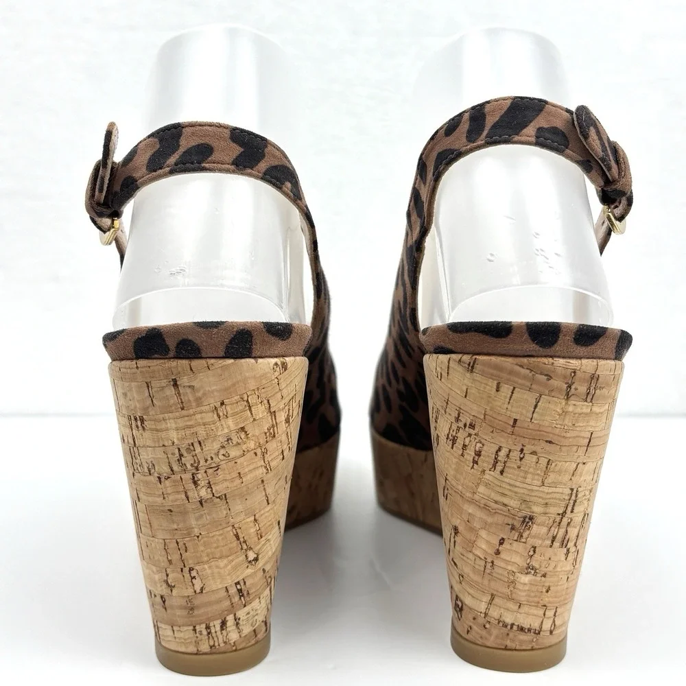 Stuart Weitzman Jean Leopard Cork Slingback Peep Toe Wedge Platform Sandals 8.5M